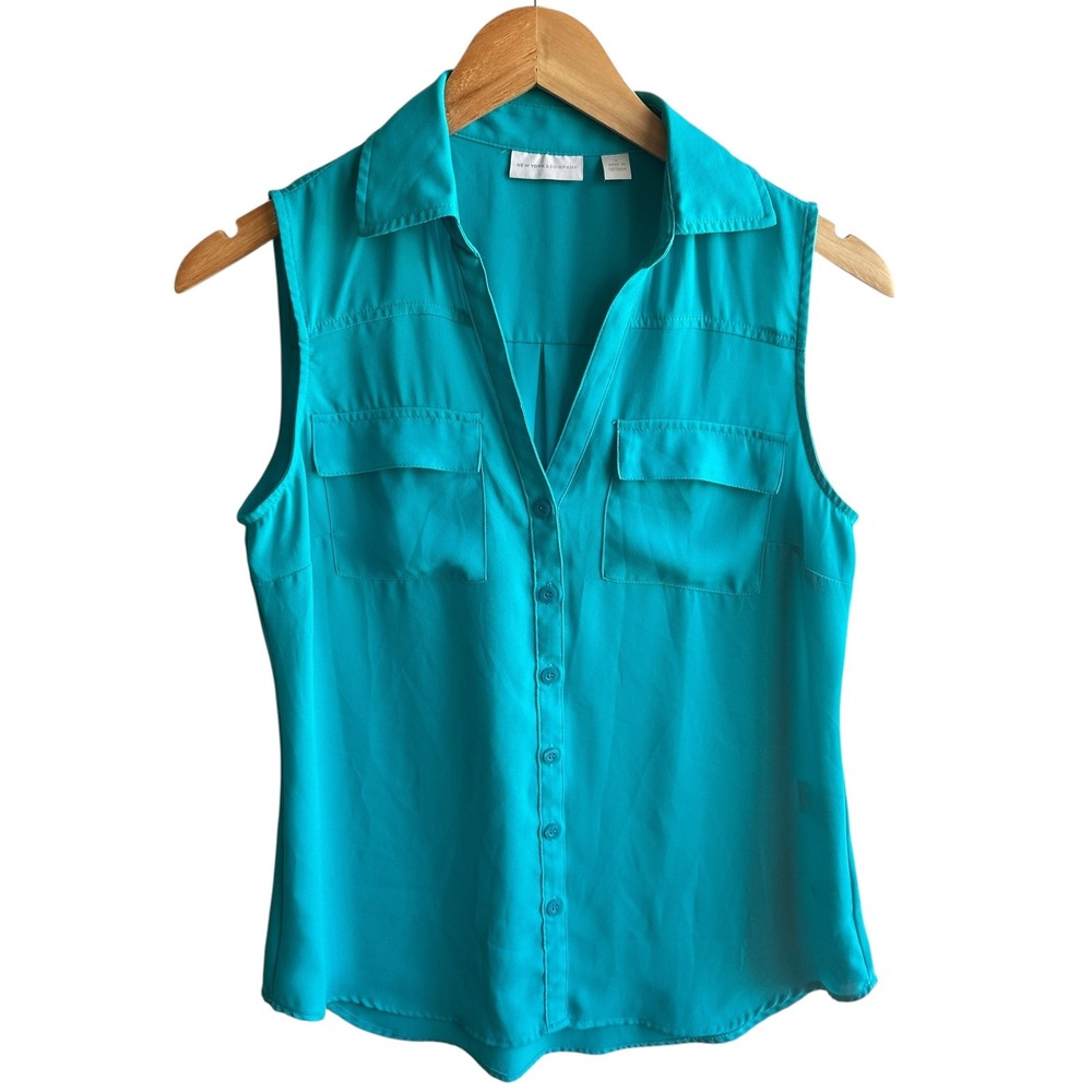 New York & Company Top Button Down Collared Teal‎  Small Office Classic NWOT